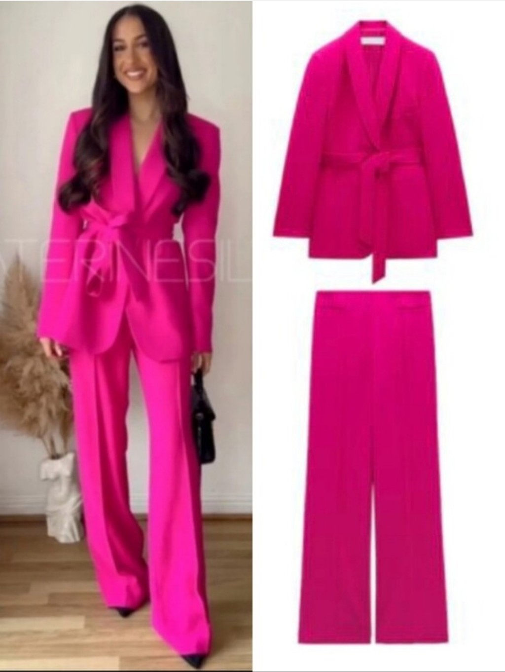 Zara Set 2 Pc Maching Belted Blazer And Wide Pants Pink Size S